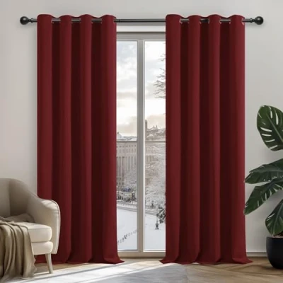Immagine di Deconovo tende oscuranti termiche, anti freddo, dal design moderno con occhielli, per camera da letto di ragazze, 132 x 138 cm (larghezza altezza), set 2 pezzi, colore rosso natalizio