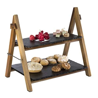 Immagine di APS serve rack/etagere rack a 2 livelli in legno di acacia con due piatti ardesia pieghevole, lavabile adatto anche per freddi e la refrigerazione