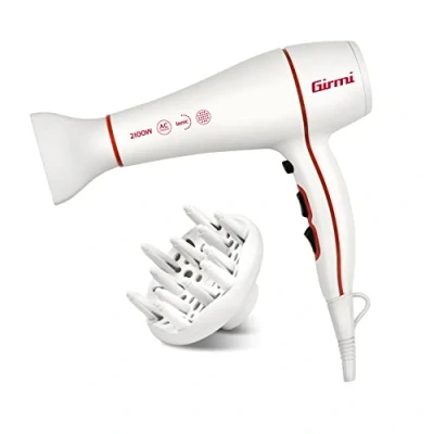Immagine di Girmi PH47 Asciugacapelli Professionale, 2100 Watt, 2 velocità, 3 temperature, Ioni, Motore AC, Bianco.