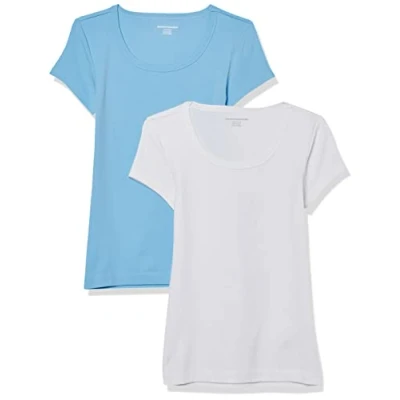 Immagine di Amazon Essentials T Shirt Aderente con Maniche Ad Aletta e Scollo Ampio Donna, Pacco da 2, Bianco/Blu Chiaro, M