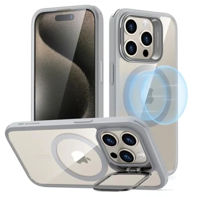 Immagine di ESR Cover per iPhone 15 Pro con Cavalletto Magsafe, Custodia Halolock, Protezione di livello militare, Supporto ad anello la fotocamera integrato,Grigio Trasparente
