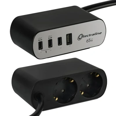 Immagine di Electraline 62584 Multipresa Scrivania Electradock 2 Prese Schuko + 1 USB A 3 C 65W Power Delivery, Cavo H05VV F 3G1.5 lunghezza 2M