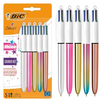Immagine di Penne a Sfera Scatto BIC 4 Colours Shine e Gradient Punta Media (1,00 mm) nei Colori Argento Metallizzato, Oro, Rosa, Oro Rosa Pastello Gradiente Confezione da 5