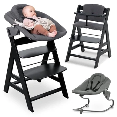 Immagine di hauck Seggiolone Pappa Evolutivo Alpha Plus Newborn Set Premium, Da 0 Mesi con Sdraietta Neonati Dondolo Reclinabile Extra Piatta, Cuscino in Cotone (Bouncer Dark Grey, Nero)