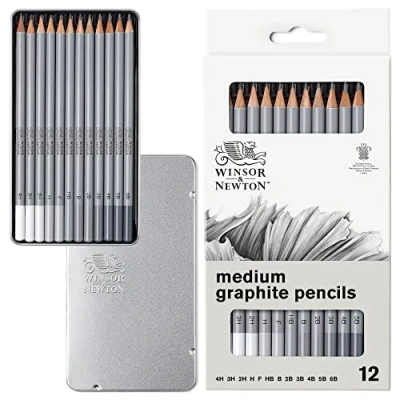 Immagine di Winsor &amp; Newton Matite Scatola in Metallo 12 Grafite Mina Durezza Media