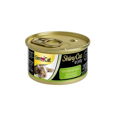 Immagine di GimCat ShinyCat in gelatina pollo e papaya, Cibo umido con carne frutta per gatti, Ricco di proteine, 24 Lattine, x 70 g