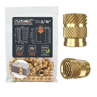 Immagine di ruthex Set di inserti filettati 5/16“ UNC (passo grosso), 20 boccole filettate RX 18 x12,7 in ottone, dadi a pressione robusti per parti plastica stampe 3D, utilizzabili tramite calore