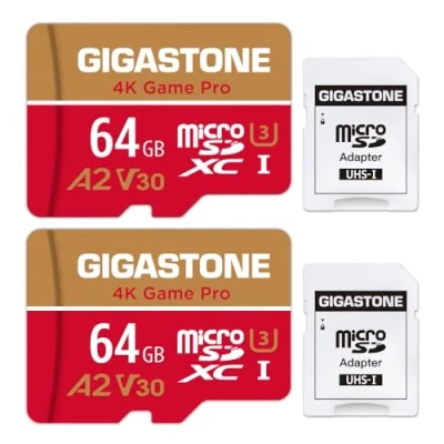 Immagine di Gigastone Scheda di memoria 64 GB Set da 2, 4K Game Pro, Specialmente per GoPro Drone Switch, Velocità 95 MB/s. Video 4K, A2 U3 V30 Micro SDXC con Adattatore SD.