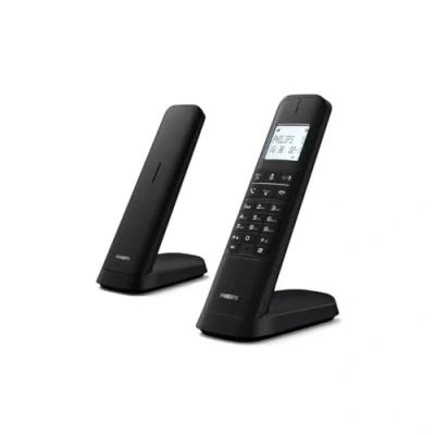 Immagine di Philips DECT M4701B/12 Telefono Fisso Cordless 2 Pack, Display 4,6 cm, Schermo LCD, Retroilluminazione, Rubrica 50 Numeri, Vivavoce, Tasti Programmabili, Suono HQ Nero