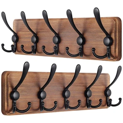 Immagine di SKOLOO Appendiabiti a parete per ingresso Stile casale 5 Ganci Tripli 44 cm da legno Appendere Cappotti Sciarpe, zaini e Altro Confezione 2