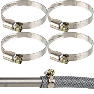 Immagine di Fascette stringitubo professionali con vite senza fine, campo di serraggio 40 60 mm, confezione 4 pz in acciaio W2, impronta a croce, banda larga 9 fascetta per tubo lavatrice