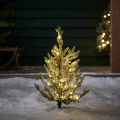 Immagine di Lights4fun Albero di Natale artificiale a LED, 60 cm, con timer, luce bianca calda, funzionamento batteria, decorazione natalizia per esterni