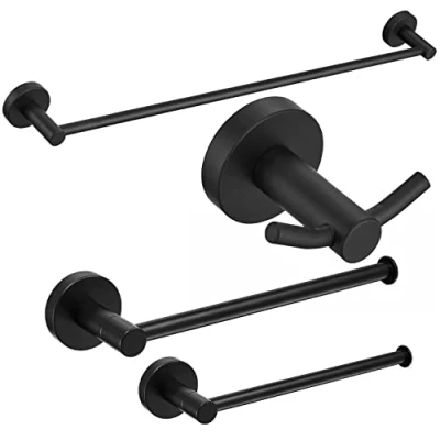 Immagine di Set di accessori per il bagno in acciaio inossidabile 4 pezzi SUS 304 Porta carta igienica Portasciugamani/Porta accappatoio Appendiabiti asciugamani Montaggio a parete, nera Leekayer
