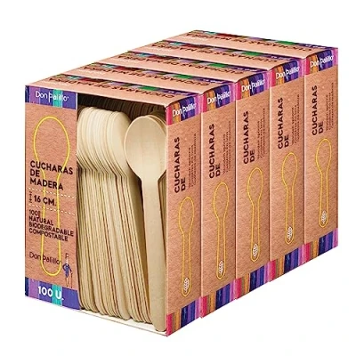Immagine di DON PALILLO Set di 100 cucchiai monouso in legno, 16 cm. 100% naturale, ecologico, biodegradabile (5)