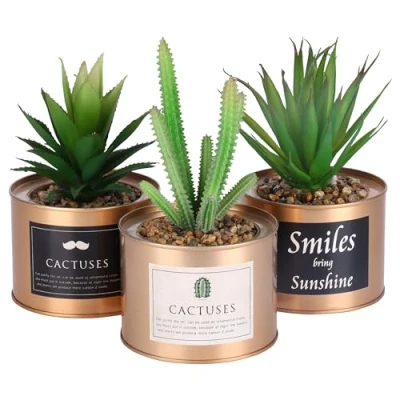 Immagine di BELLE VOUS 3pz Set Mini Piante Artificiali Verdi in Vasi Decorativi Ramati Finte da Interno Design 10 x 7,5 cm Grasse per Casa e Ufficio