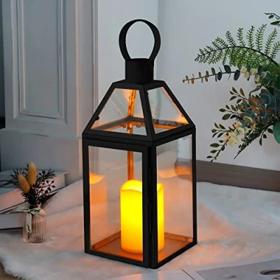 Immagine di JHY DESIGN Lanterne nere Decorative di progettazione interna, alte 34cm. candela in acciaio inossidabile con vetro temperato per eventi interni esterni, parità e matrimoni