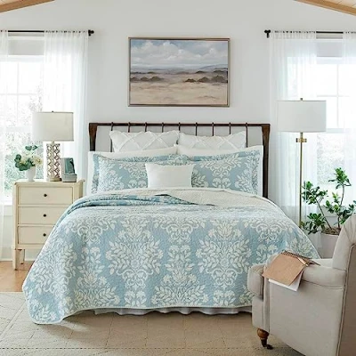 Immagine di Laura Ashley Set copripiumino matrimoniale, reversibile, in cotone, con federe abbinate, decorazione per la casa tutte le stagioni (blu olandese, matrimoniale)