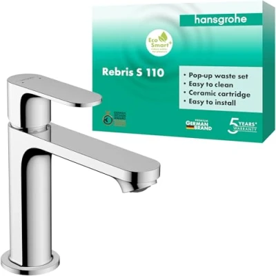 Immagine di hansgrohe Rebris S miscelatore per lavabo, rubinetto bagno con altezza bocca 110 mm, scarico a tirante, risparmio d&#039;acqua, cromo