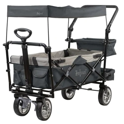 Immagine di carrello pieghevole Zelsius con tetto grigio da trasporto sistema a cinghie mano, spiaggia, per attrezzature