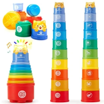 Immagine di hahaland Giochi Bambini 1 Anno Cubi Impilati Montessori con Luci, Suoni, Numeri, Forme Giocattolo Impilabile Bambino 6 9 12 18 Mesi, 10 Pezzi