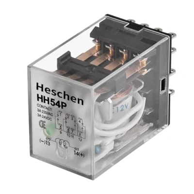 Immagine di Heschen HH54P L Relè di potenza per uso gererale, 12 V CC, bobina 3 A, 220 VCA/24 VDC, 4PDT, indicatore LED a 14 pin