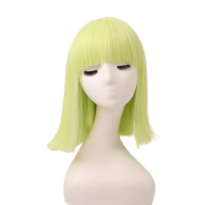 Immagine di Prettyland Event signore bob frangia dritto parrucca media lunghezza breve resistente al calore per lo spettacolo di carnevale giallo verde