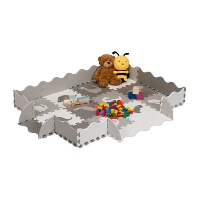 Immagine di Relaxdays Tappeto Gioco Bambini, Puzzle 4x3 Tasselli con Dinosauri, Tappetino per Gattonare, Bordi, Grigio Bianco, Gommapiuma, 1 m²