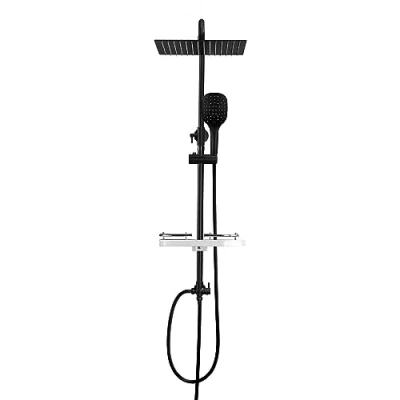 Immagine di Görbach Colonna Doccia idromassaggio Nero in INOX 304 Soffione Senza Miscelatore Set a Pioggia con Doccetta e Mensola,Soffione (25 * 25cm)