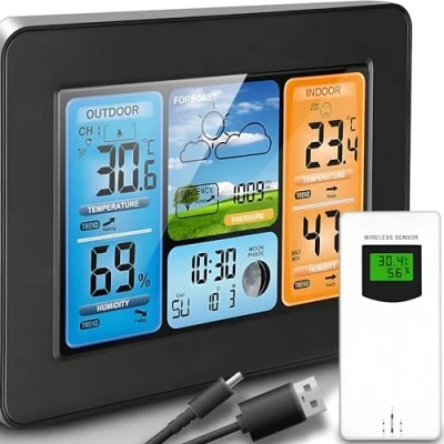 Immagine di Retoo Stazione Meteo, Sensore Esterno Interno, Automatica, Digitale, Wireless, Meteorologica, Schermo LCD Colori, Termometro, Igrometro, Barometro, Fase Lunare, Umidità, Previsioni di Tempo, Nero