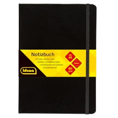 Immagine di Idena 209284 Taccuino DIN A5 a righe, carta crema, 192 pagine, 80 g/m², copertina rigida nera, 1 pz.