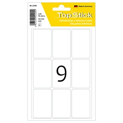 Immagine di TopStick etichette multiuso, 9 per foglio, 150 fogli, 34 x 53 mm, 1350 etichette, autoadesive, adesive vuote ufficio cucina casa, bianco