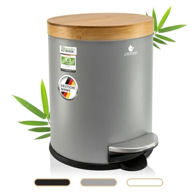 Immagine di Exitoso pattumiera da bagno 5 l, colore grigio, con coperchio in legno di bambù e abbassamento automatico, cuscinetto antiscivolo, a pedale, acciaio inox, per il