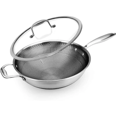 Immagine di NutriChef Wok da 30,5 Centimetri in Acciaio Inossidabile, Antiaderente con Coperchio Vetro e Manico Laterale, Rivestimento DAKIN Inciso, Pattern Testurizzato al Fuoco Resistente ai Graffi