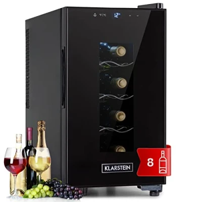 Immagine di KLARSTEIN Cantinetta Vino, Vino Refrigerata a Zona Singola per Interno/Esterni, Frigo Bar, Cantina con Vetrina, Mini Bar Protezione UV, Touch, 11 18C, 8 Bottiglie
