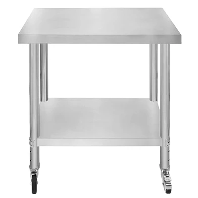 Immagine di Tavolo da cucina in acciaio inox per la preparazione dei cibi con 4 ruote piroettanti 2 freni e piedini adattabili Ripiano inferiore regolabile 3 posizioni Portata 160 kg 76cm x 45cm 86cm