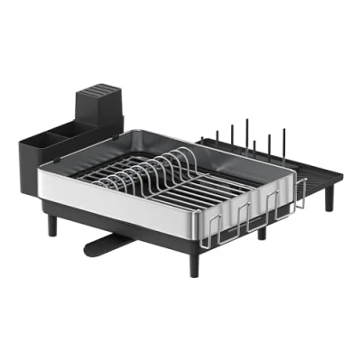 Immagine di SONGMICS Scolapiatti, Sgocciolatoio Espandibile, Scaffale Portapiatti da Cucina in Acciaio Inox con Beccuccio Girevole, Porta Utensili, Tazze, Bicchieri, Taglieri e Padelle, Argento Nero KCS037B01