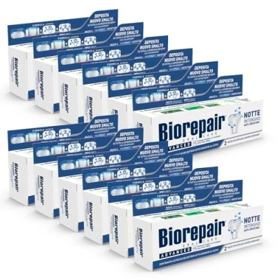 Immagine di Biorepair, Dentifricio Advanced, Notte Intensivo Anti Erosione, 12 Confezioni da 75 ml, Protegge e Ripara lo Smalto dei Denti, Antibatterico, con MicroRepair, Zinco PCA Xilitolo, per un Alito Fresco