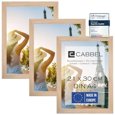 Immagine di CABBEL Set di 3 cornici DIN A4 21x30 in legno MDF con vetro acrilico infrangibile, ideale per collage, ritratti e certificati colore naturale
