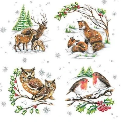 Immagine di 20 tovaglioli famiglia di animali in inverno, volpe, gufo, cervo, uccelli, 33 x cm