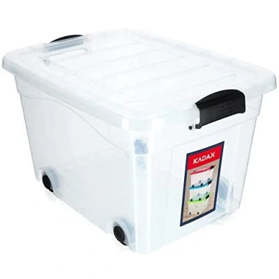 Immagine di KADAX Contenitore di Plastica con Ruote, 54,5x40,5x33cm, Scatola Deposito in Plastica, immagazzinaggio, Stoccaggio Coperchio a Fare Clic (40L, trasparente)