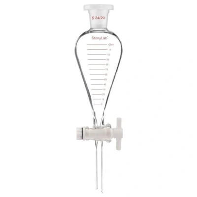 Immagine di stonylab Imbuto Separatore Graduato, Parete Spessa a Forma di Pera Conica in Vetro Borosilicato, Rubinetto PTFE e Tappo Superiore Plastica, 125 ml