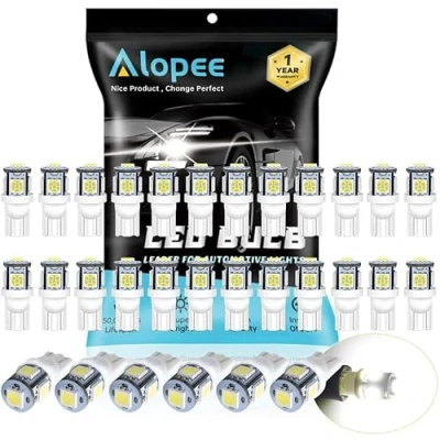 Immagine di Alopee T10 led W5W Luci posizione, 194 168 2825 Illuminazione interna dell&#039;auto per Map Dome Lamp Courtesy Trunk Targa del Cruscotto, Bianco 6000K, 24V DC, 5 patatine (Confezione da 30)