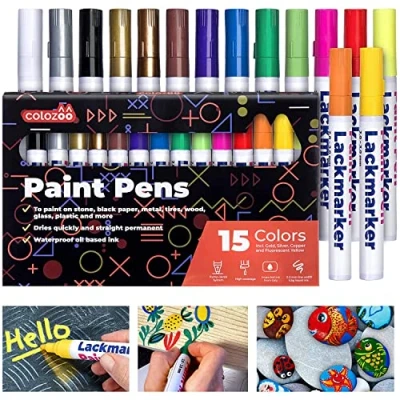 Immagine di colozoo Pennarelli indelebili a Base d’Olio per Tutte Le superfici Colori Assortiti Asciugatura Rapida Incluso Pennarello Oro Argento Rame Metallizzati e Giallo Fluorescente set da 15