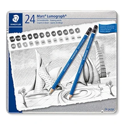 Immagine di Staedtler Mars Lumograph Set Matite da Disegno e Scrittura con Mine di Varie Gradazioni, Grafite Resistenti alla Rottura, Ideale per Cancelleria Scuola Università Ufficio Cartoleria, 24 Pz