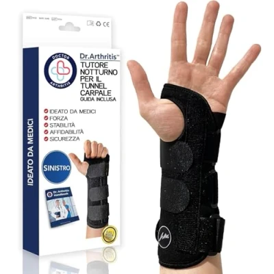 Immagine di Tutore Tunnel Carpale Sinistro Ideato da Medici Polso Rigido per Alleviare Dolori e Sostenere l’Avambraccio Con Stecca in Metallo Chiusure a Strappo (Confezione Singola, Sinistro)