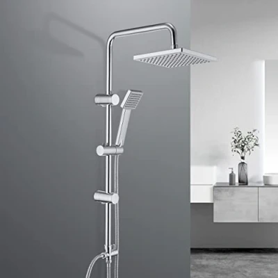 Immagine di JOHO Colonna Doccia idromassaggio Set Fori Muro Regolabili Sistema a Pioggia Senza Miscelatore con Soffione e Doccetta in ABS 20 * 20cm.