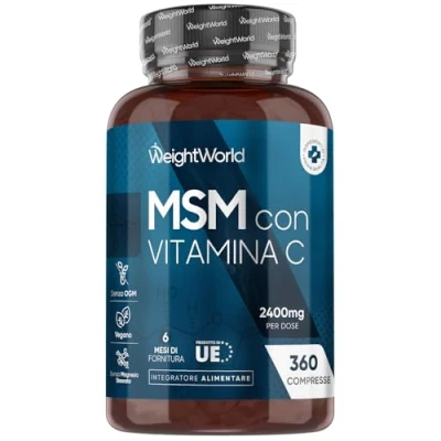 Immagine di MSM Integratore 2400mg con Vitamina C, Senza Magnesio Stearato, Metilsulfonilmetano Puro 99,9% in 360 Compresse Vegan (6 Mesi), Ossa, Cartilagine, Denti, Pelle, C (Acido Ascorbico)