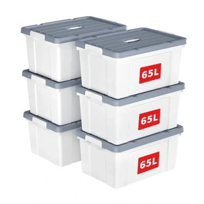 Immagine di Cetomo 65L* 6 Scatola portaoggetti in plastica, contenitore per organizzare con coperchio durevole e fibbie di chiusura sicura, impilabile annidabile, confezione da pezzi, bianco