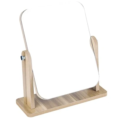Immagine di Bootoow specchio da tavolo girevole a 360 gradi trucco in legno con supporto ad alto rettangolare trasparente