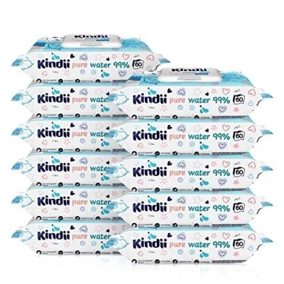 Immagine di Salviettine umidificate Kindii per neonati e bambini Pure Water 99% composizione a base d&#039;acqua Allantoina Non profumate